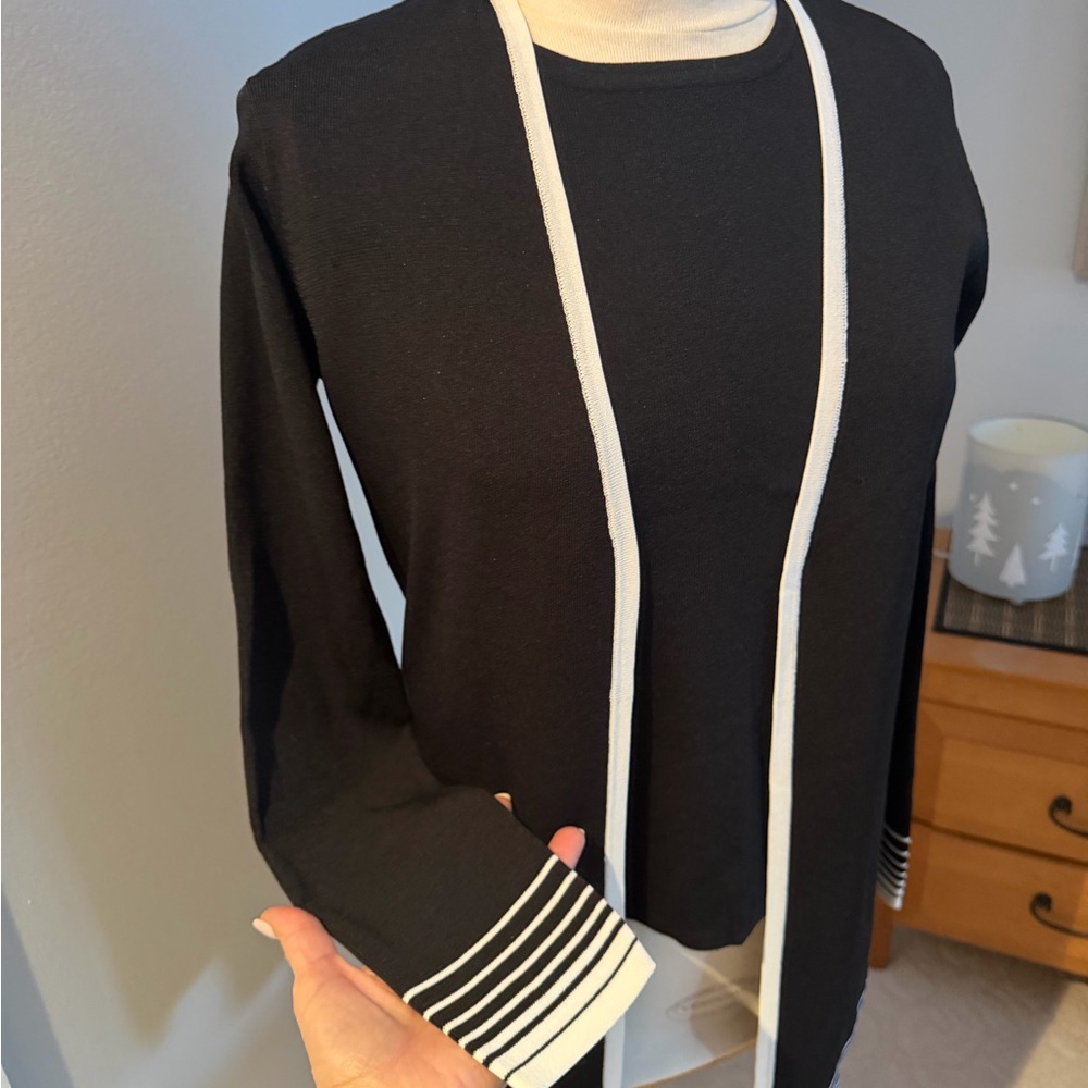 Carducci Black & White Trim Open-Front Cardigan Set with Sleeveless Tank - Picture 5 of 9